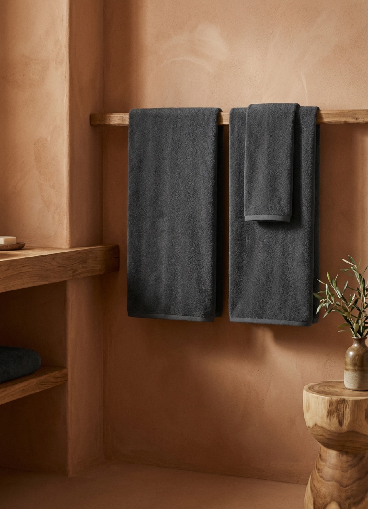 Charcoal bath towels hanging on a wooden rack in a warm terracotta bathroom, the solid base that checkered hand towels sit against