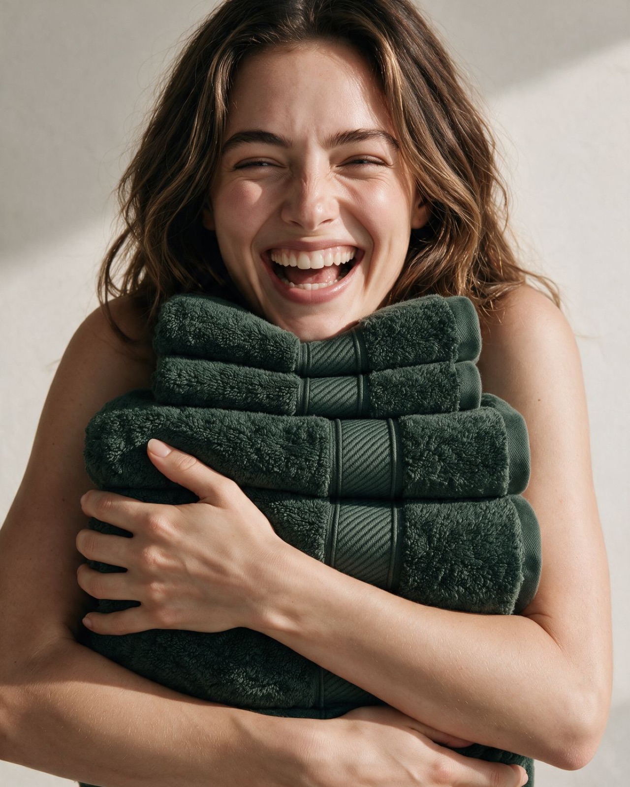 Kemet Cotton Christmas towels in Dark Green, forest green Egyptian cotton bath towels folded and stacked