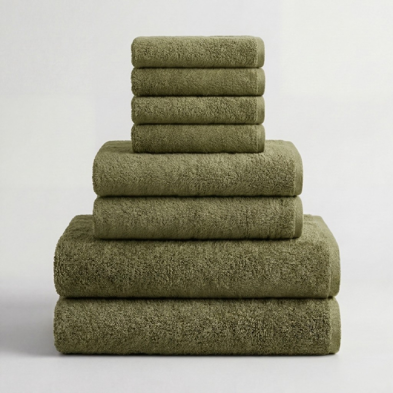 Kemet Cotton Reserve Essential Bundle in Olive Green: folded 700 GSM Egyptian cotton bath towels, hand towels and washcloths