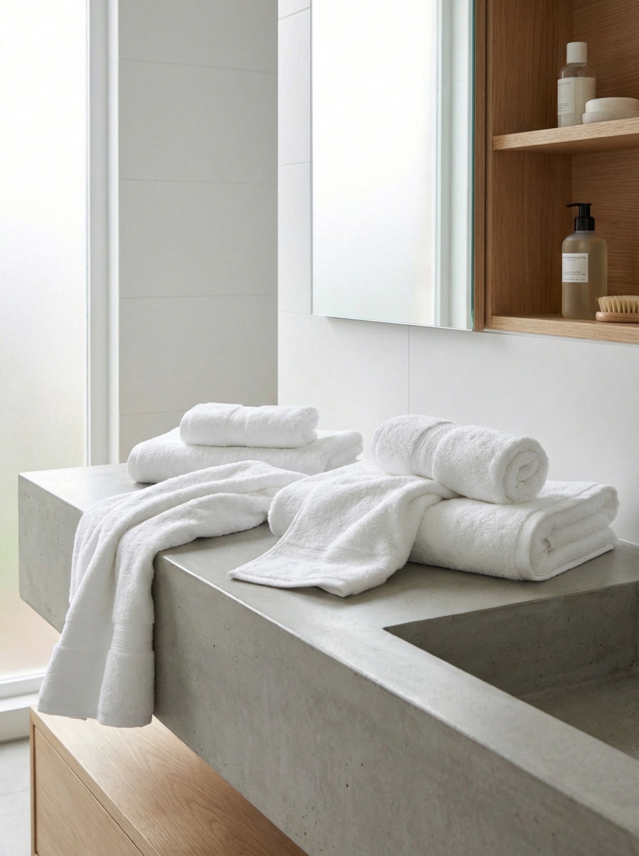 White Egyptian cotton towels folded on a bathroom counter, the plain base that decorative hand towels sit on