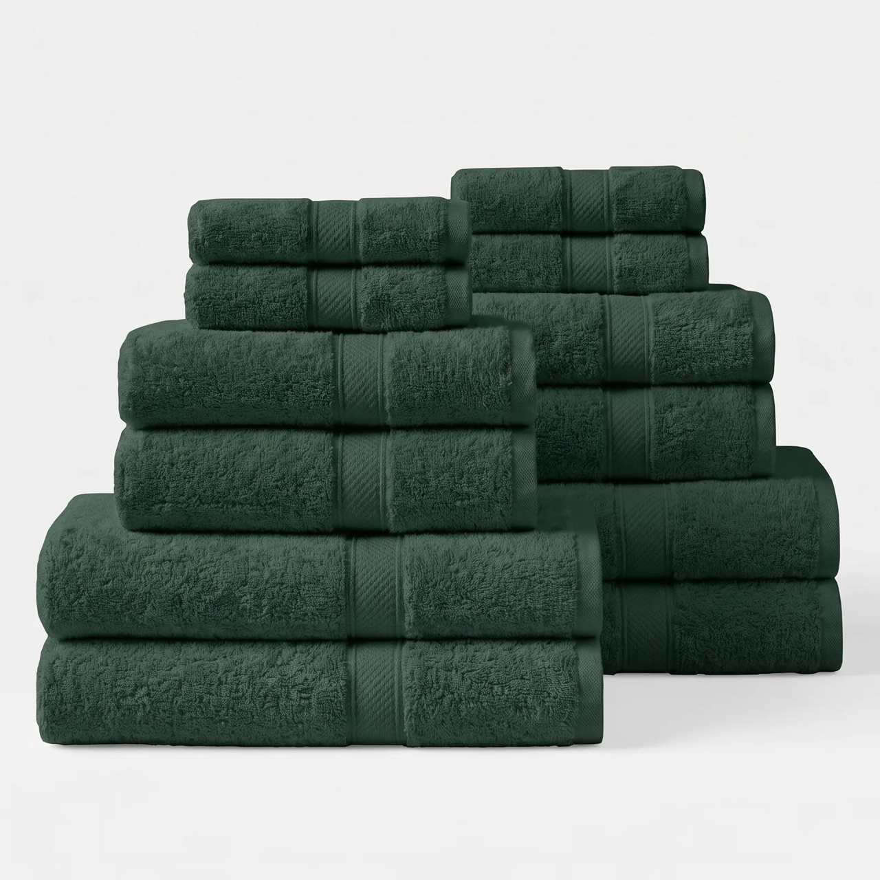 Kemet Cotton Essential Family Bundle in Dark Green, twelve pieces of forest green Egyptian cotton towels