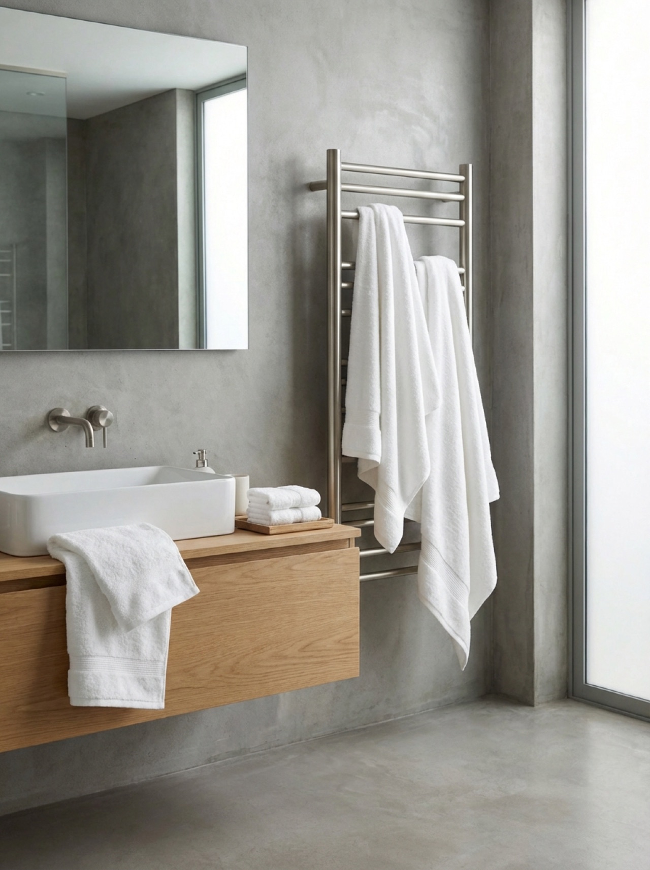 White Egyptian cotton towels hanging on a heated towel rack in a modern bathroom