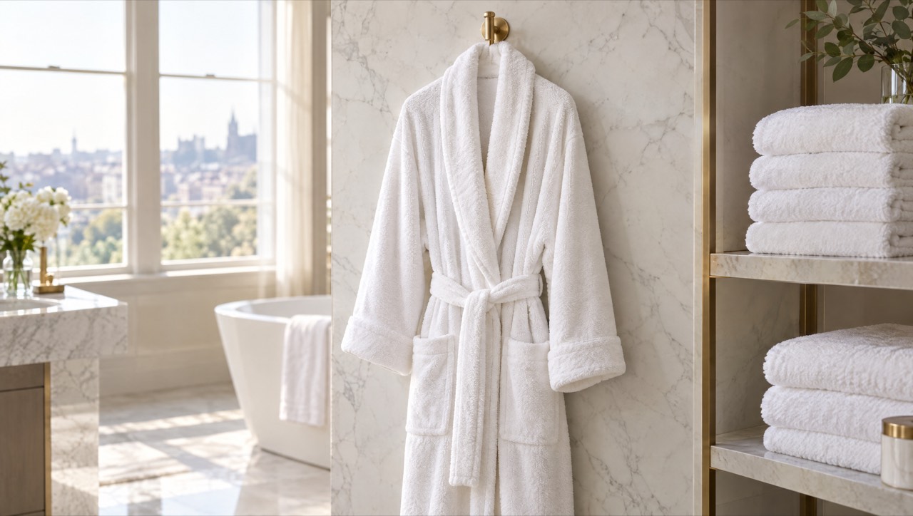 White terry velour shawl-collar bathrobe hanging on a brass hook in a marble hotel bathroom