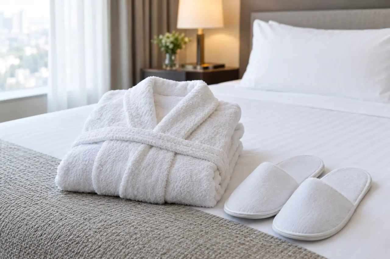 Folded white terry bathrobe and white spa slippers on a made hotel bed