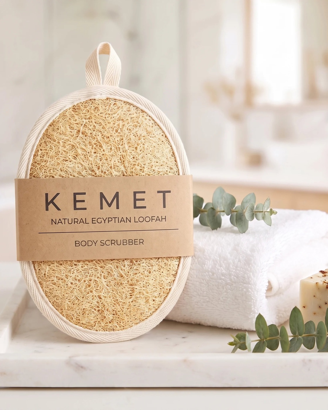 Natural Egyptian loofah pad on a marble bath tray beside a soft cotton towel and bar of soap