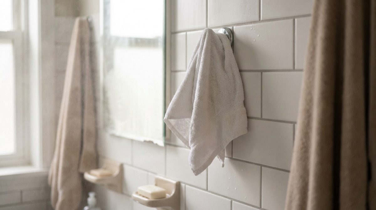 Damp white bath towel bunched on a single hook in a steamy bathroom, the exact conditions that cause musty towel smell