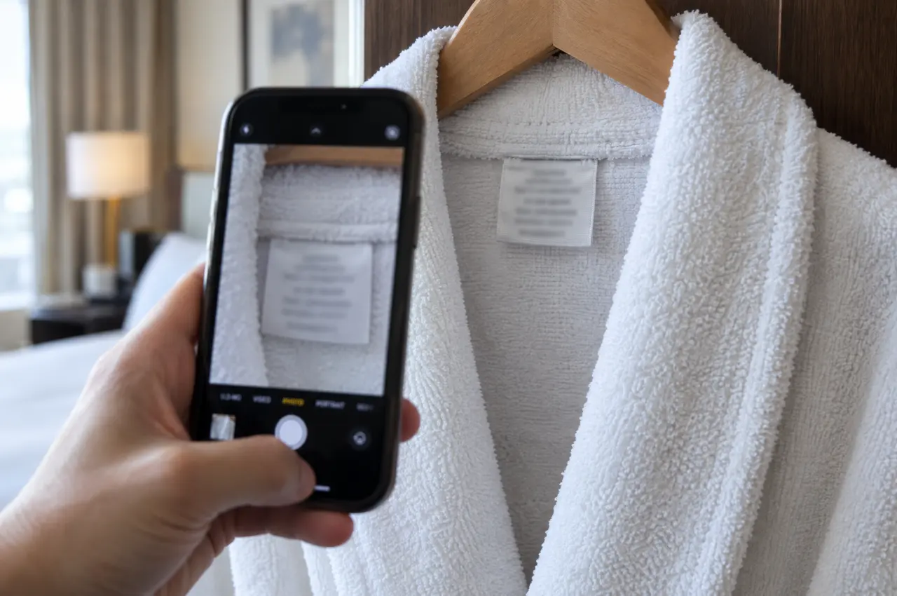 Hand holding a smartphone to photograph the care label inside the collar of a white hotel bathrobe