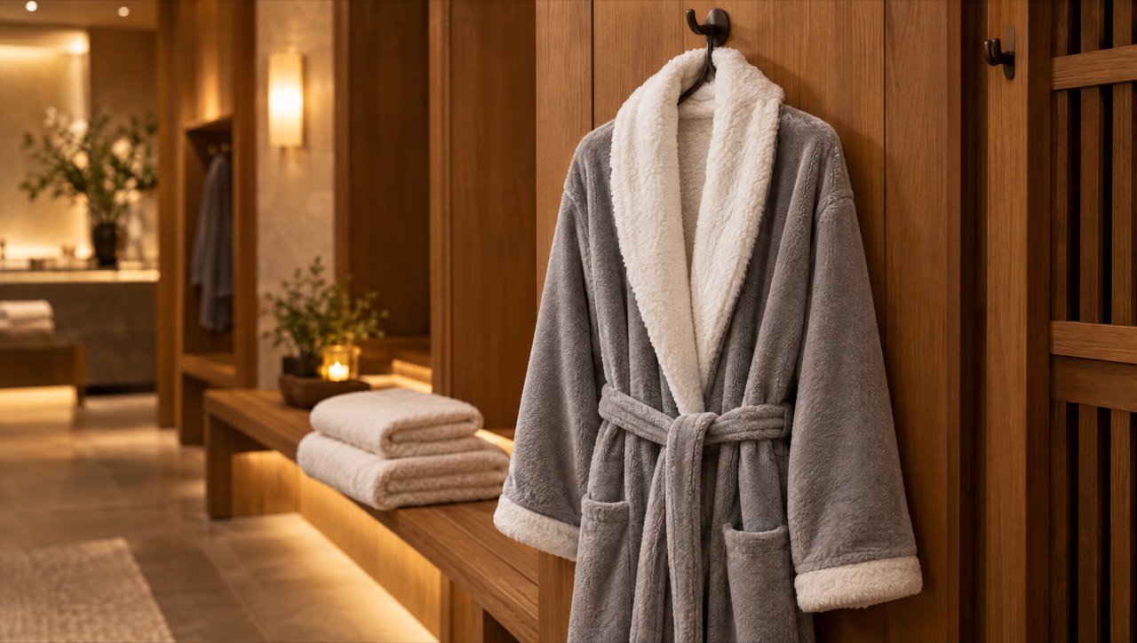 Grey plush-lined microfiber spa robe with a fleecy white lining hanging in a wooden spa changing room