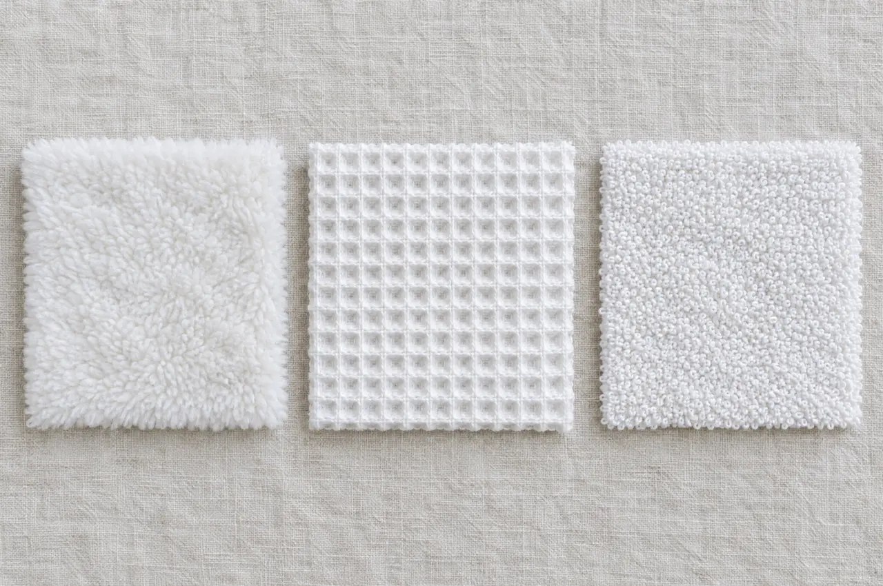 Three white fabric swatches side by side: fluffy polyester plush fleece, honeycomb waffle weave, and looped cotton terry