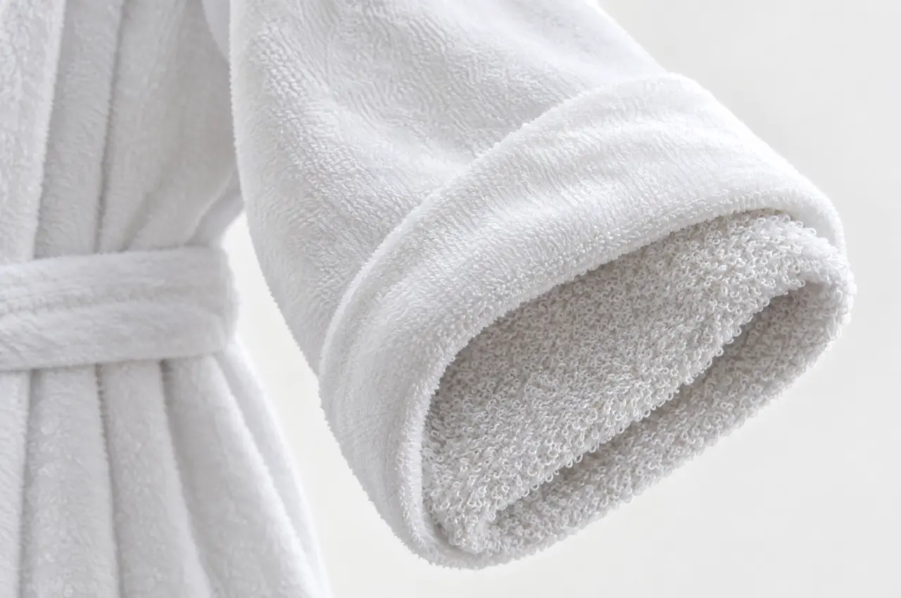 Folded-back cuff of a white terry velour robe showing the smooth sheared velour outside and the looped terry lining inside