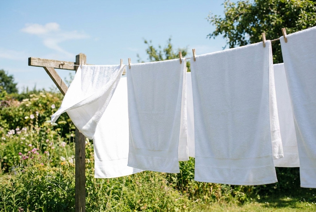 White cotton towels spread fully open on an outdoor clothesline drying in direct sunlight