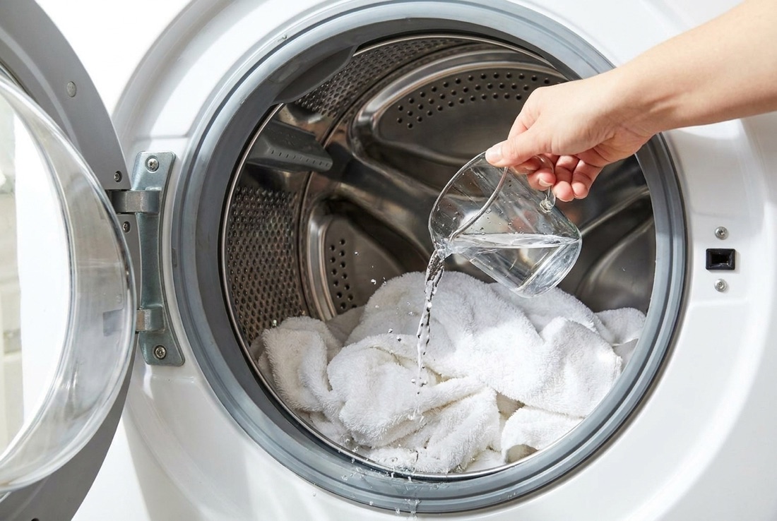 Pouring one cup of white vinegar directly into the drum of a front loading washing machine loaded with white towels