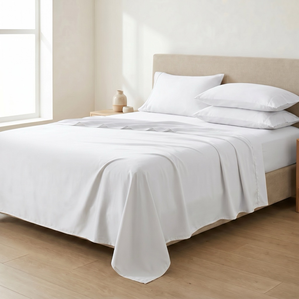 Kemet Egyptian cotton sateen sheet set on a made bed