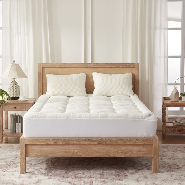 Bedlore 3D Fill bamboo mattress topper on a queen bed