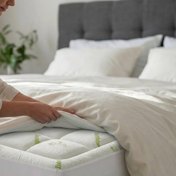Hanare mattress topper with bamboo-print quilting, sheet turned back on a queen bed