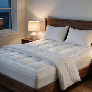 Kemet topper on a walnut bed at dusk