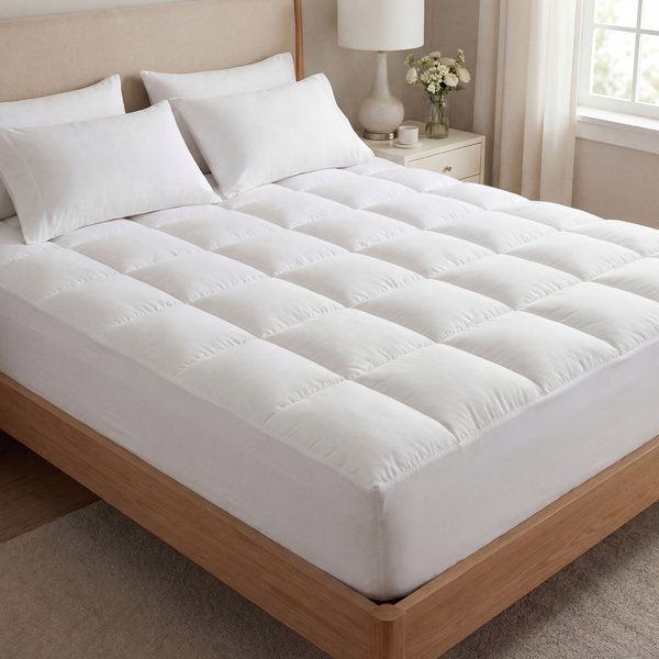 West Month mattress topper fitted on a wooden queen bed