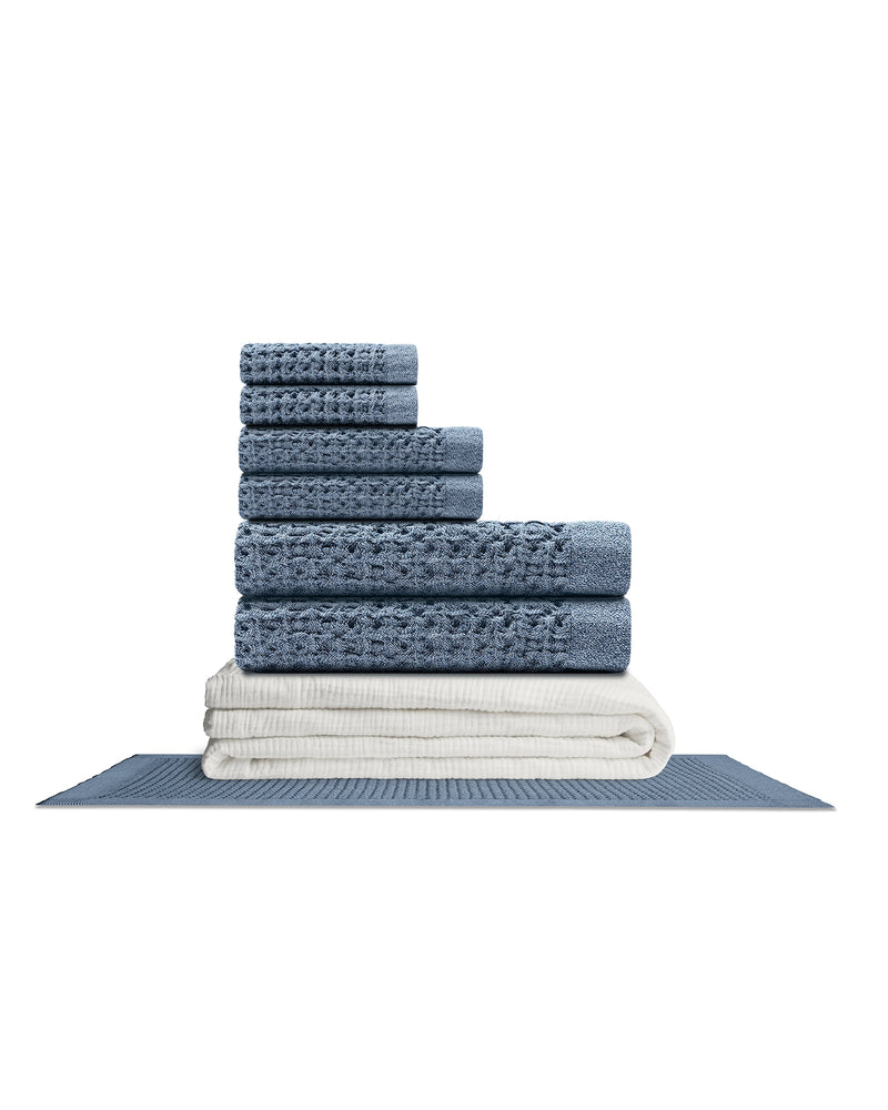 Onsen Supima waffle weave bath towel set in denim blue and white